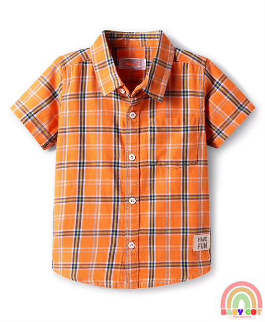 Cotton Knit Half Sleeves Checkered Shirt - Orange