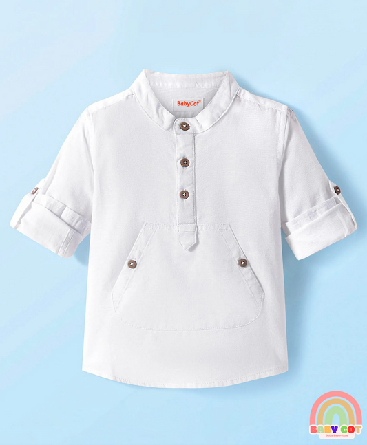Cotton Woven Full Sleeves Mandarin Collar Solid Shirt with Kangaroo Pocket - White