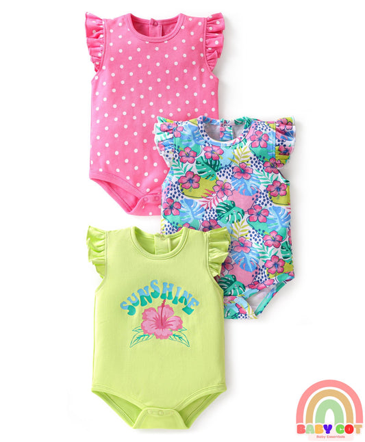 100% Cotton Frill Sleeves Polka Dots & Floral Printed Onesies Pack of 3 - Multicolour