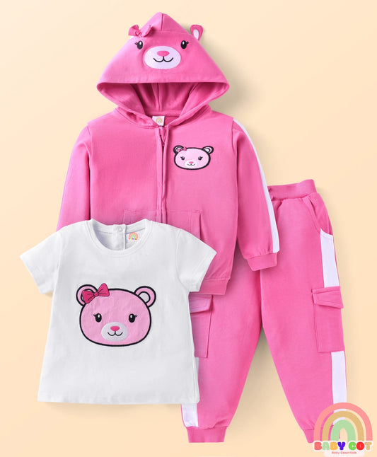 Terry Knit Full Sleeves Hooded Sweatjacket & Lounge Pant Set With T-Shirt & Animal Patch - Dark Pink & White