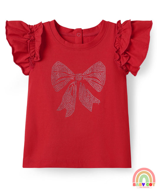 100% Cotton Knit Frill Sleeves Top with Rhinestone Detailing - Red