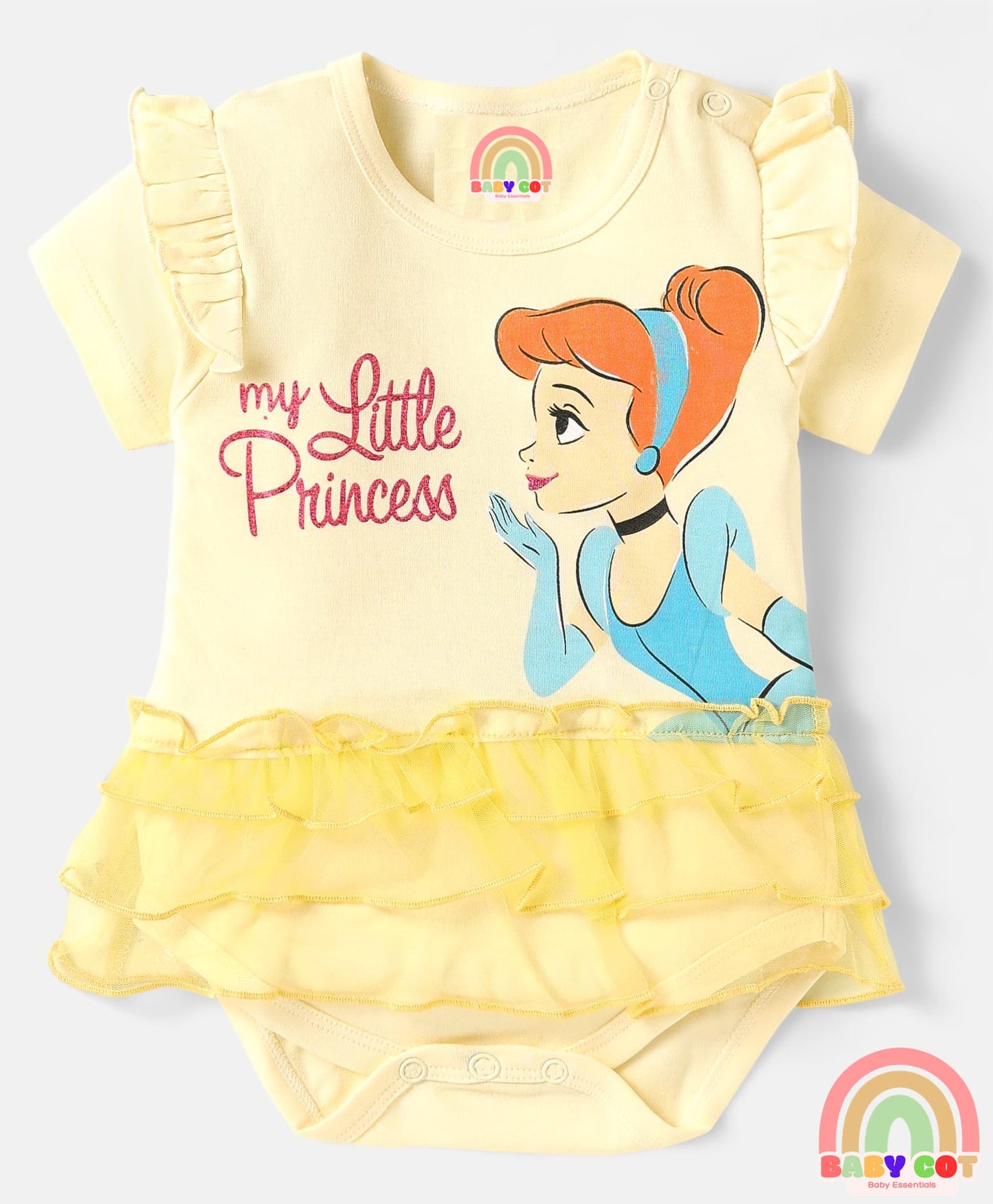 Interlock Knit Half Sleeves Onesie With Frill Detailing & Cinderella Graphics - Off White