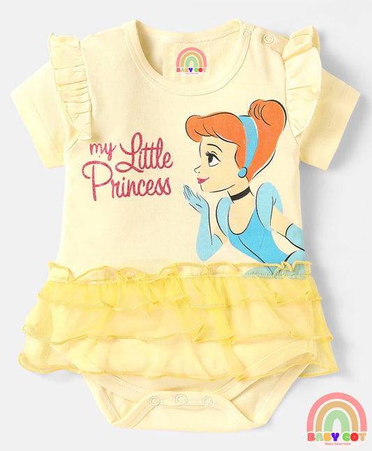 Interlock Knit Half Sleeves Onesie With Frill Detailing & Cinderella Graphics - Off White