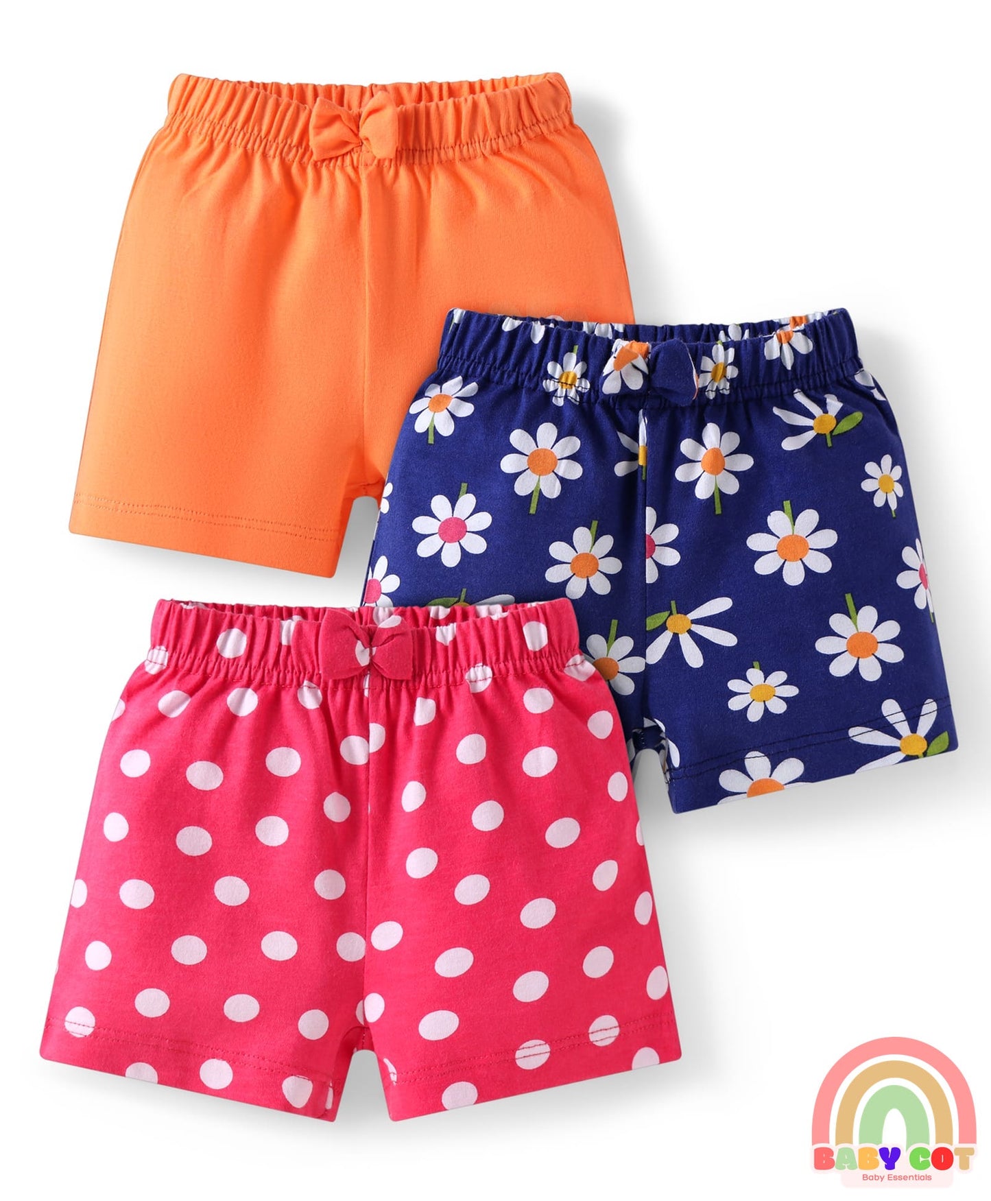 Cotton Knit Mid Thigh Polka Dots & Floral Printed Shorts with Bow Applique Pack of 3 - Navy Blue Pink & Orange