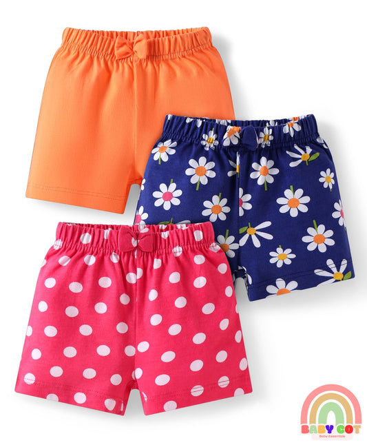 Cotton Knit Mid Thigh Polka Dots & Floral Printed Shorts with Bow Applique Pack of 3 - Navy Blue Pink & Orange