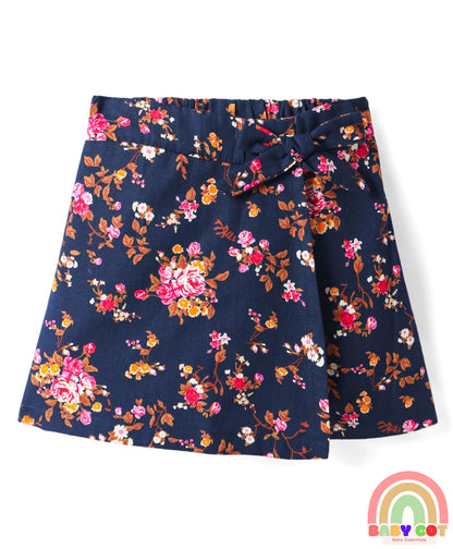 Cotton Floral Printed Bow Applique Detailed Skorts - Navy Blue
