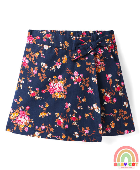 Cotton Floral Printed Bow Applique Detailed Skorts - Navy Blue