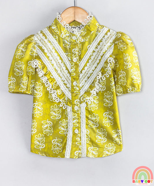 Cotton Woven Half Puffed Sleeves Floral Printed Lace Detailed Shirt Style Top - Green