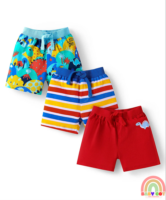 Single Jersey Knit Shorts with Stripes & Dino Print of 3 - Blue & Red