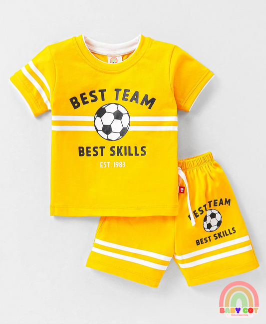 100% Cotton Half Sleeves T-Shirt and Shorts Football Print - Yellow