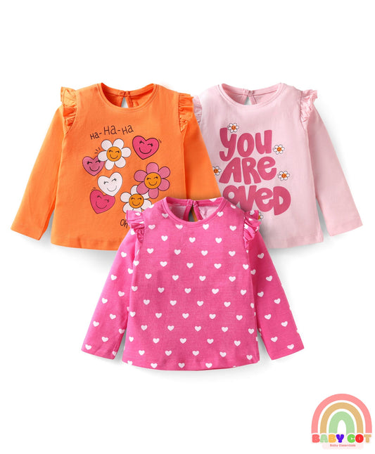 Cotton Knit Full Sleeves T-Shirts With Heart & Floral Print Pack of 3 - Orange Dark Pink & Light Pink