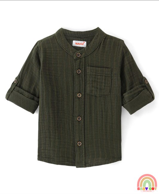 Cotton Woven Full Sleeves Mandarin Collar Solid Colour Shirt - Olive Green