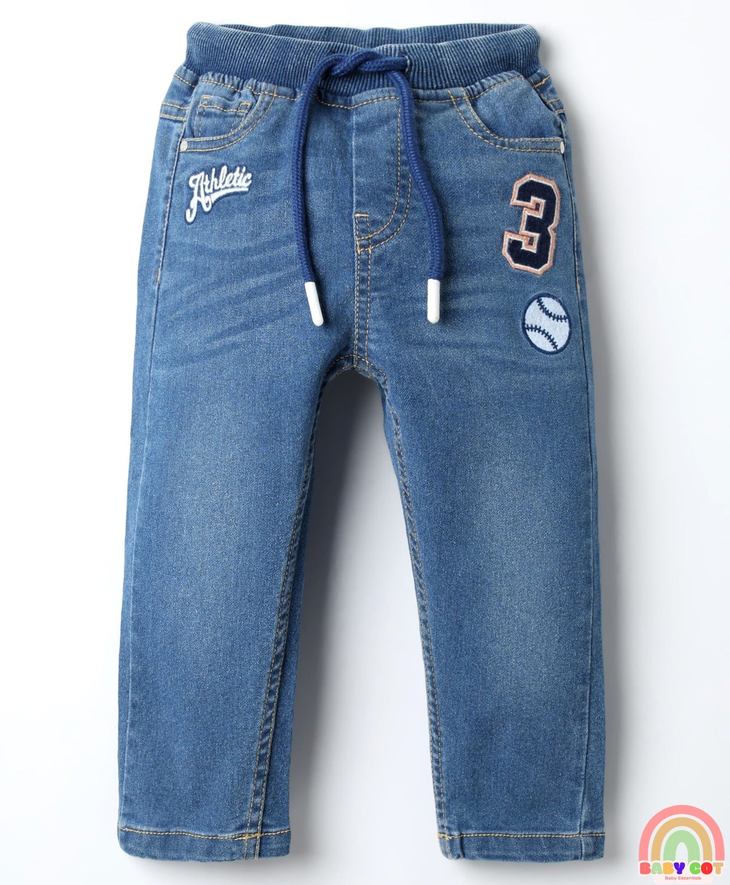 Denim Full Length Washed Jeans With Stretch & Text Print - Blue