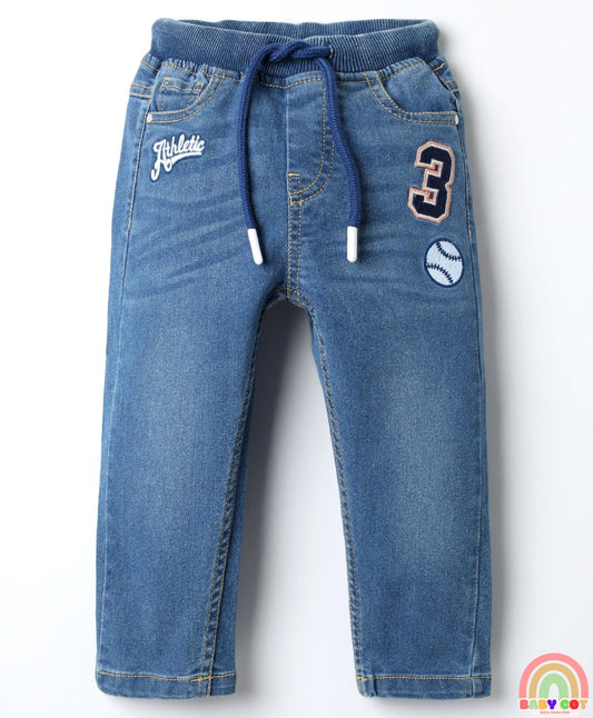 Denim Full Length Washed Jeans With Stretch & Text Print - Blue