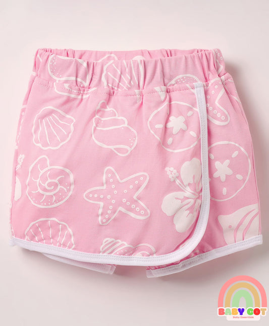 100% Cotton Knee Length Skorts With Beach Theme Print - Pink