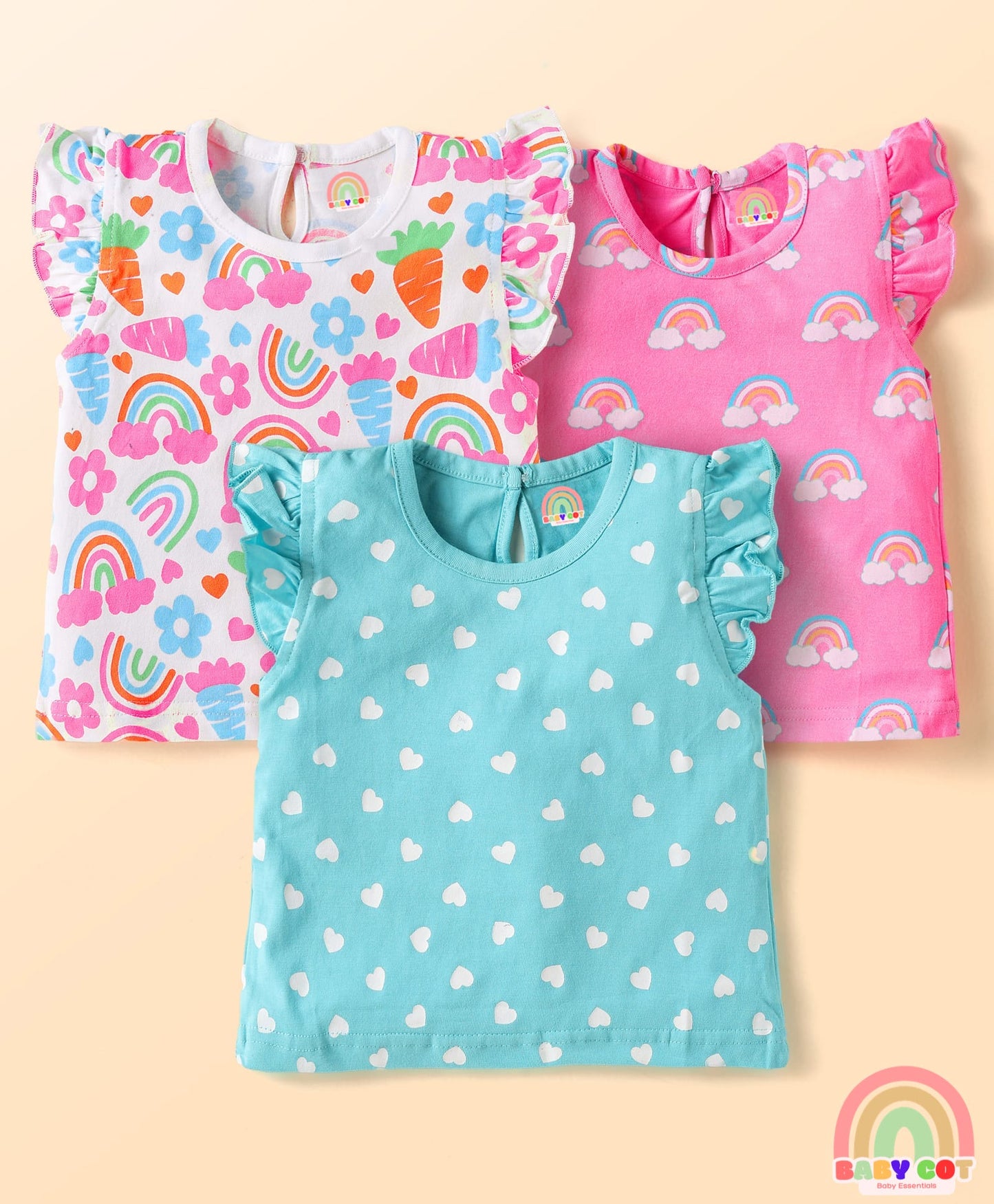 Cotton Knit Frill Sleeves T-Shirts With Polka Dot & Tropical Print Pack 3 - Pink & Light Blue