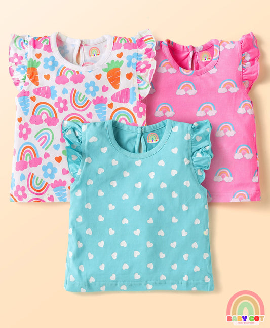 Cotton Knit Frill Sleeves T-Shirts With Polka Dot & Tropical Print Pack 3 - Pink & Light Blue