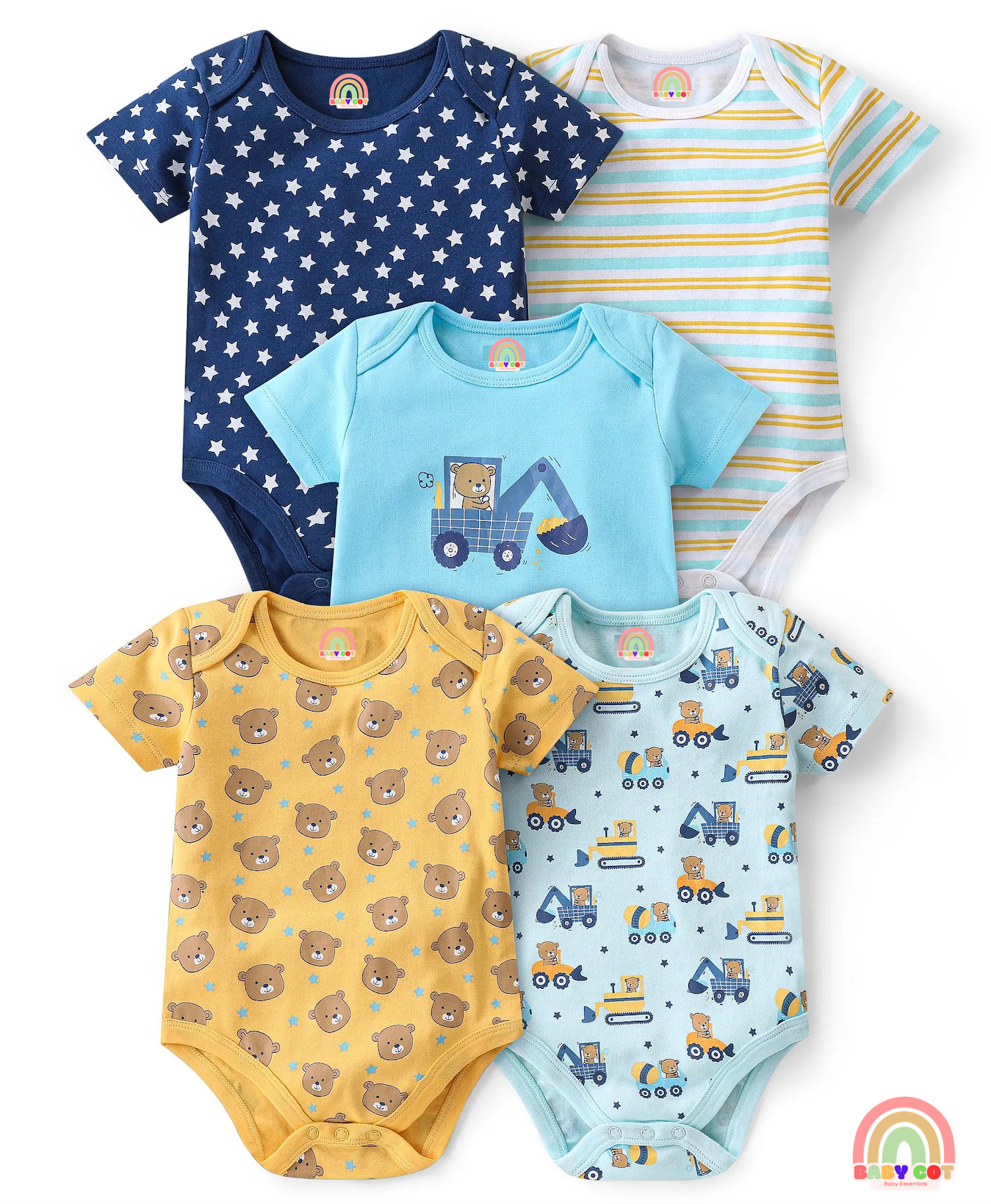 100% Cotton Knit Half Sleeves Onesies Bear Print Pack of 5 - Multicolour