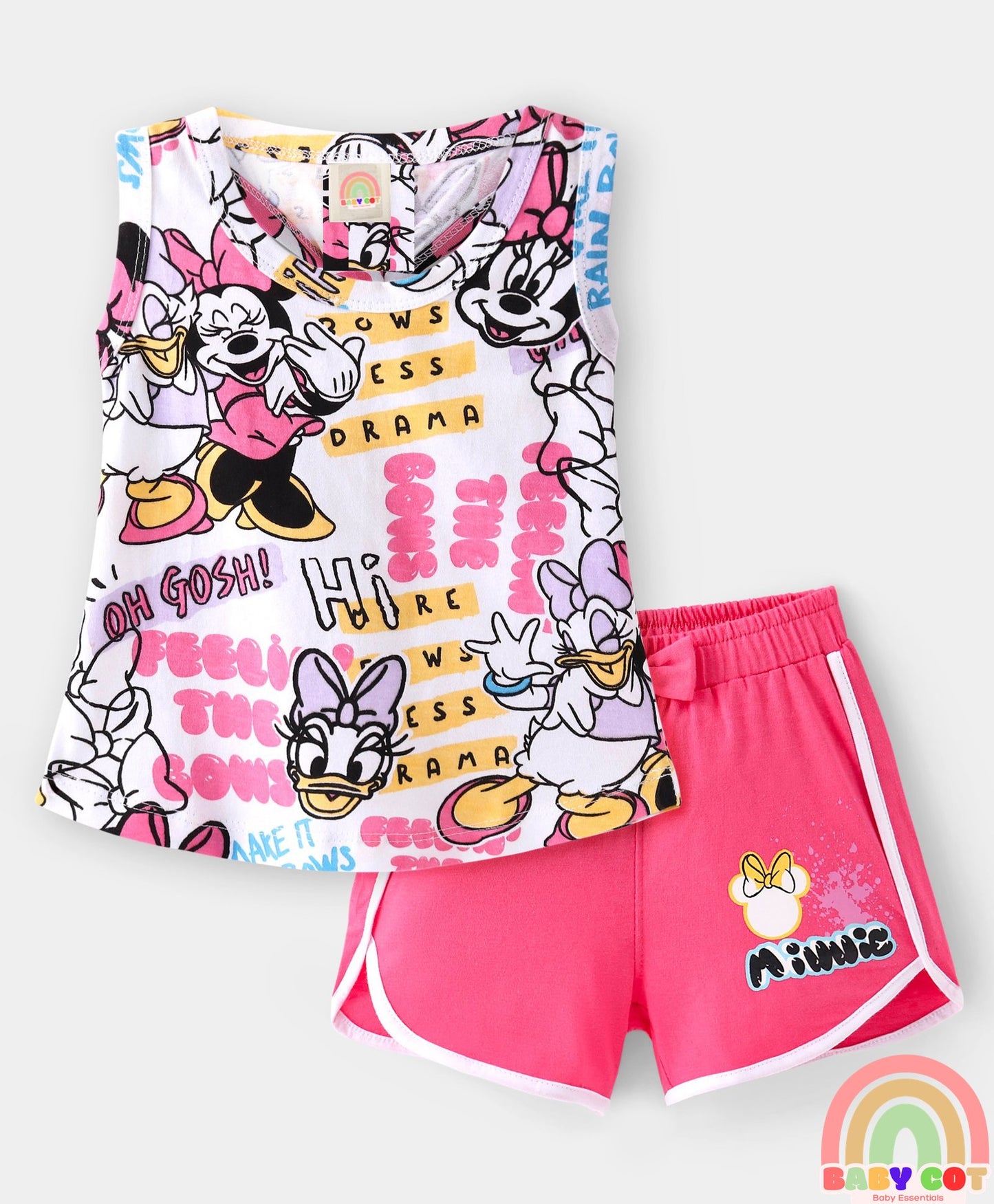 Cotton Knit Sleeveless Top & Shorts Set With Minnie Mouse Graphics & Knot Detailing - Multicolor
