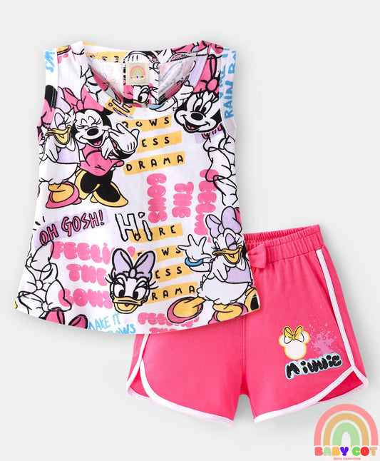 Cotton Knit Sleeveless Top & Shorts Set With Minnie Mouse Graphics & Knot Detailing - Multicolor