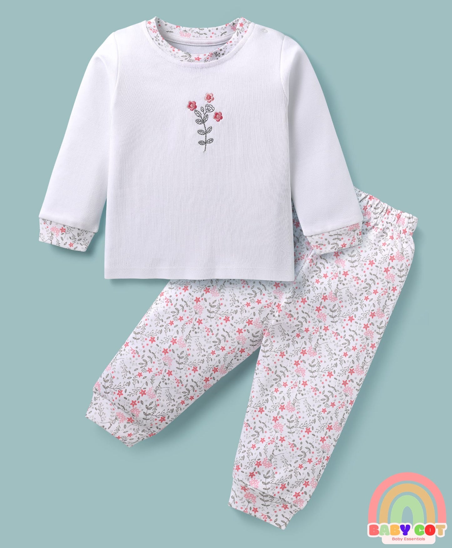100% Cotton Knit Full Sleeves T-Shirt & Lounge Pant Set with Floral Print & Embroidery - White