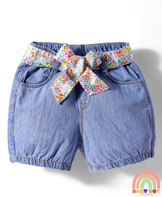 Mid Thigh Washed Denim Shorts With Belt - Blue
