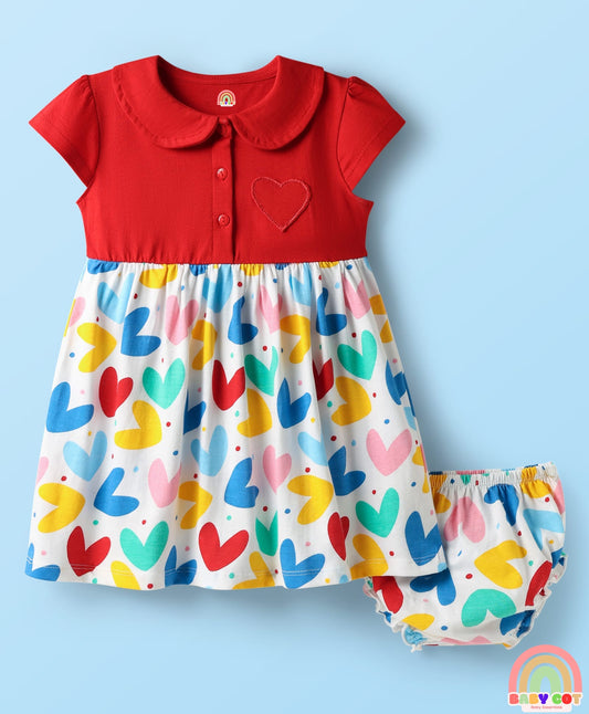 Single Jersey Knit Half Sleeves Heart Printed Frock With Bloomers - Red
