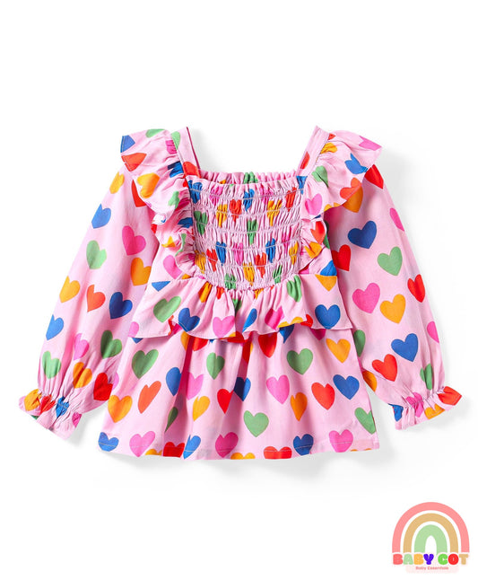 Rayon Woven Full Peasant Sleeves Heart Printed Top with Frill Detailing - Pink Red & Blue