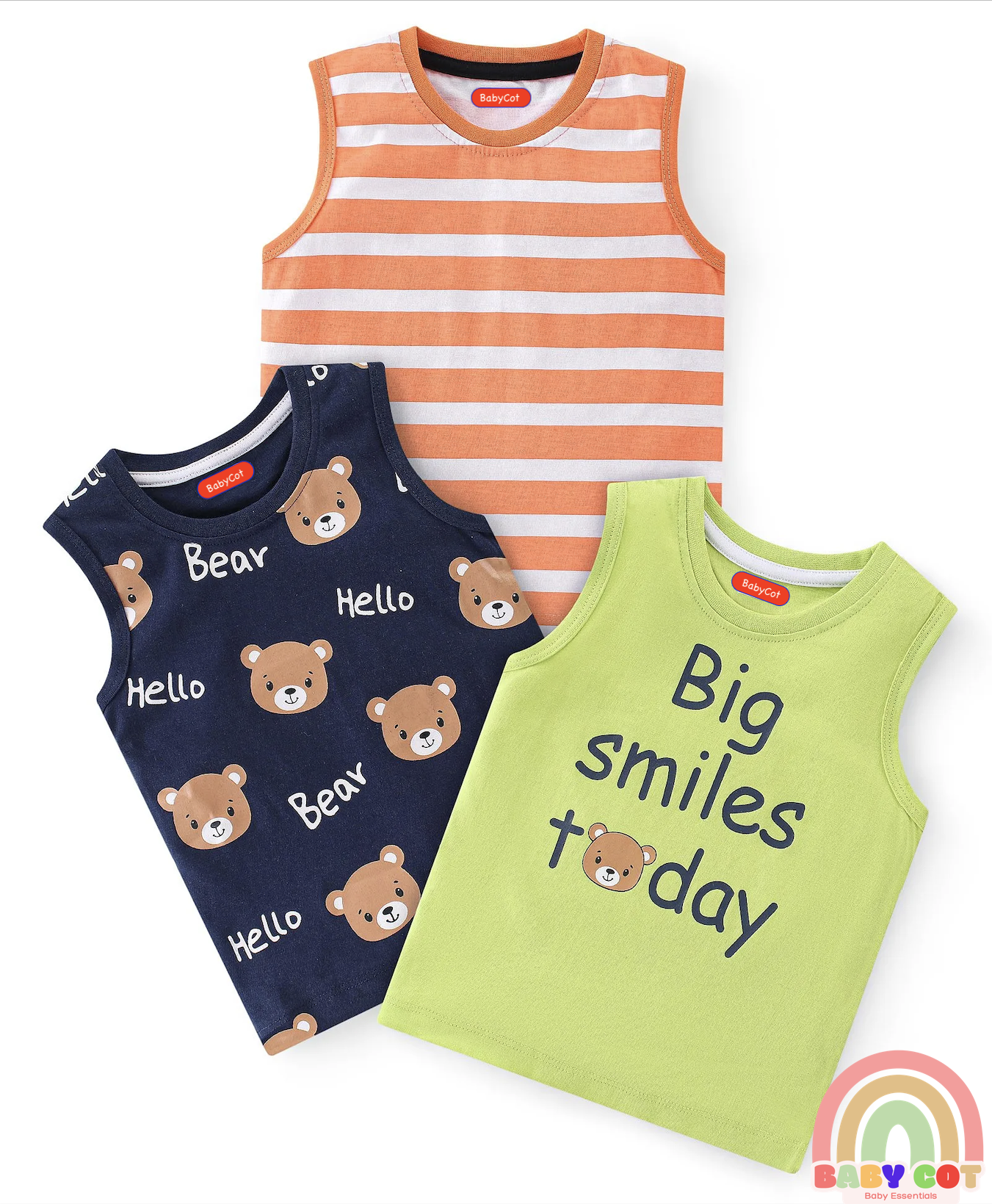 100% Cotton Knit Sleeveless T-Shirt Stripes & Bear Graphics Pack Of 3 - Multicolor