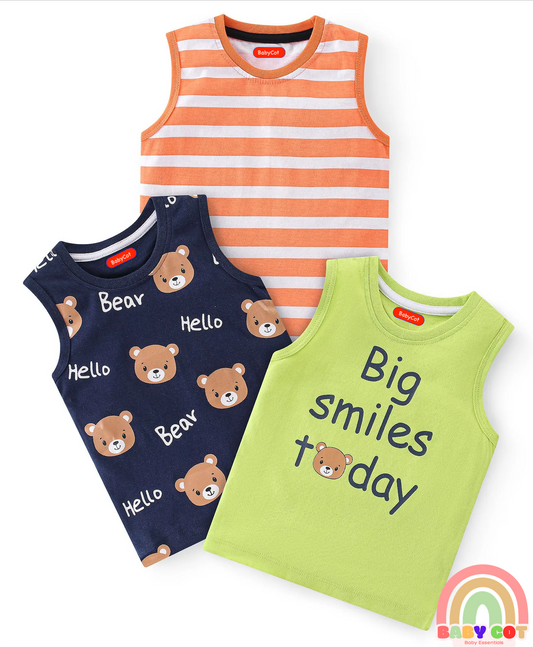 100% Cotton Knit Sleeveless T-Shirt Stripes & Bear Graphics Pack Of 3 - Multicolor