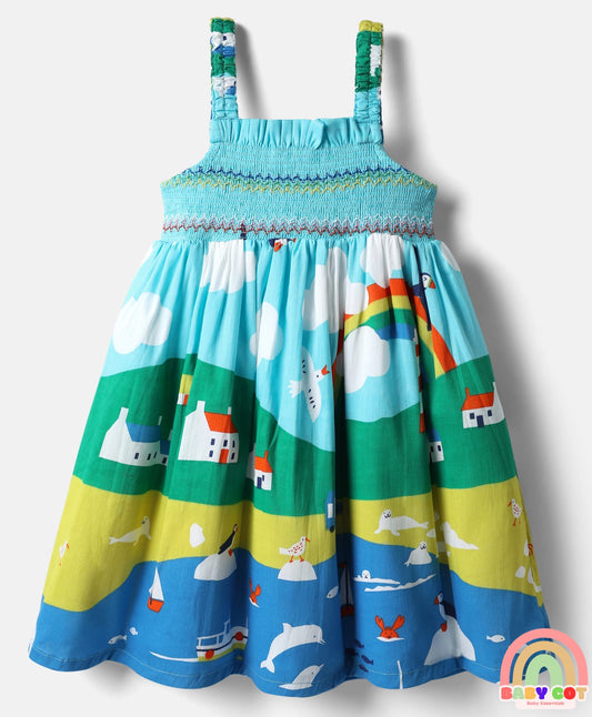Cotton Woven Sleeveless Frock With Bird Print - Multicolor