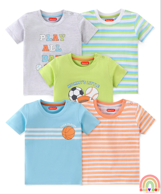 Cotton Knit Half Sleeves T-Shirts with Football Graphics Print Pack of 5 - Blue Green & Grey