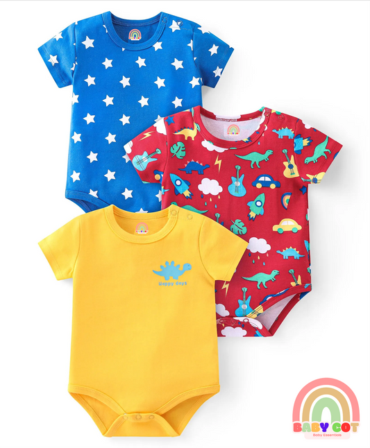 100% Cotton Knit Half Sleeves Onesies with Star & Dino Print Pack of 3 - Blue Yellow & Red