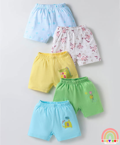 Single Jersey Knit Above Knee Length Shorts With Floral & Heart Print Pack Of 5 - Light Multicolour