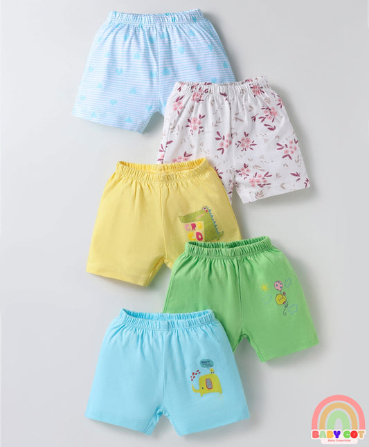 Single Jersey Knit Above Knee Length Shorts With Floral & Heart Print Pack Of 5 - Light Multicolour
