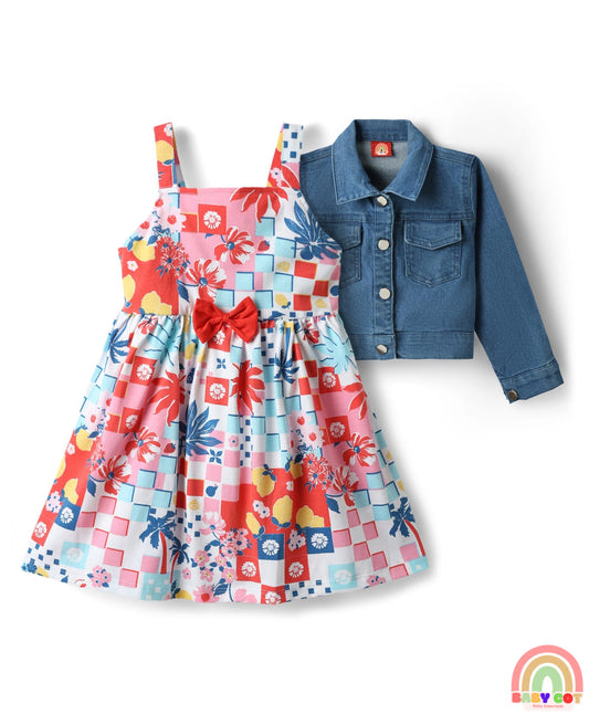 Cotton Knit Full Sleeves Shrug & Frock with Floral Print & Bow Applique - Blue & Pink
