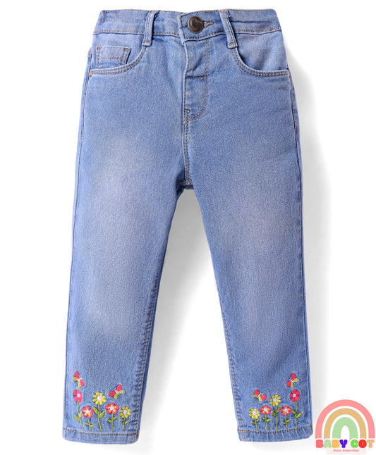 Denim Full Length Washed Stretch Jeans With Floral Embroidery - Blue