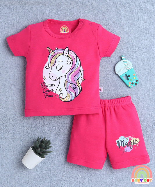 Cotton Knit Half Sleeves Unicorn Printed Tee & Shorts Set - Pink