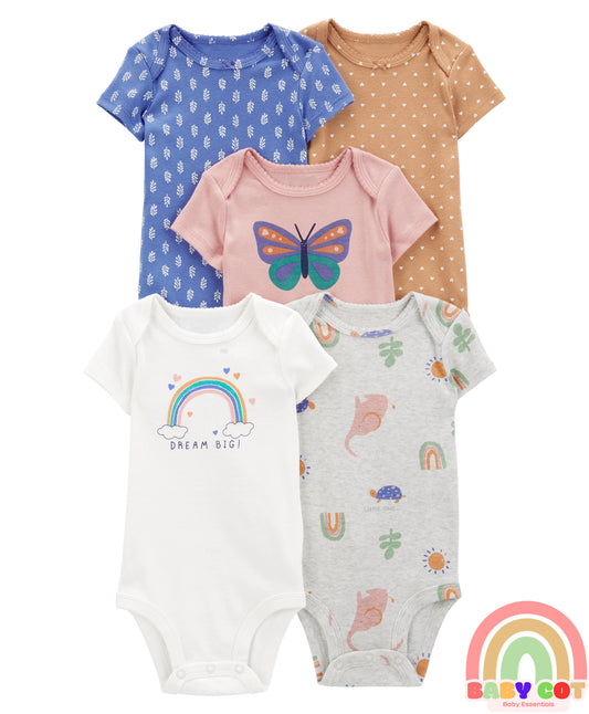 Half Sleeves Onesies With Heart Print Pack of 5 - Multicolour