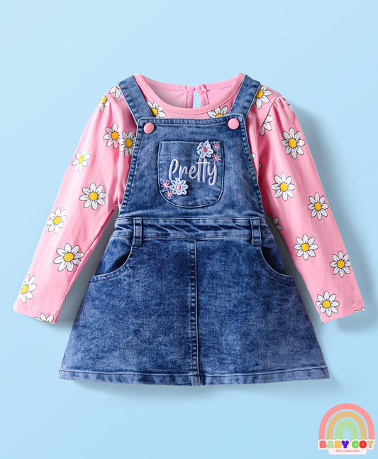 Woven Denim Frock & Full Sleeves Inner Tee With Floral Print - Navy Blue & Pink