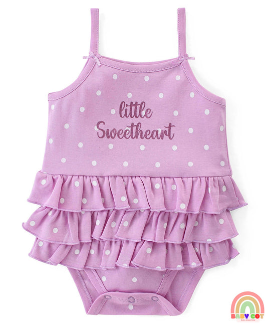 100% Cotton Knit Sleeveless Frock Style Onesie Text & Polka Dots Print - Lilac