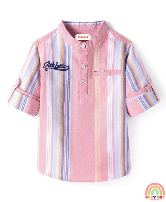 Cotton Woven Full Sleeves Mandarin Collar Stripe Kurta Shirt- Pink