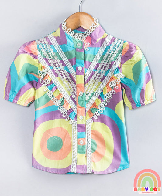 Cotton Woven Half Puffed Sleeves Abstract Printed Lace Detailed Shirt Style Top - Multi Colour