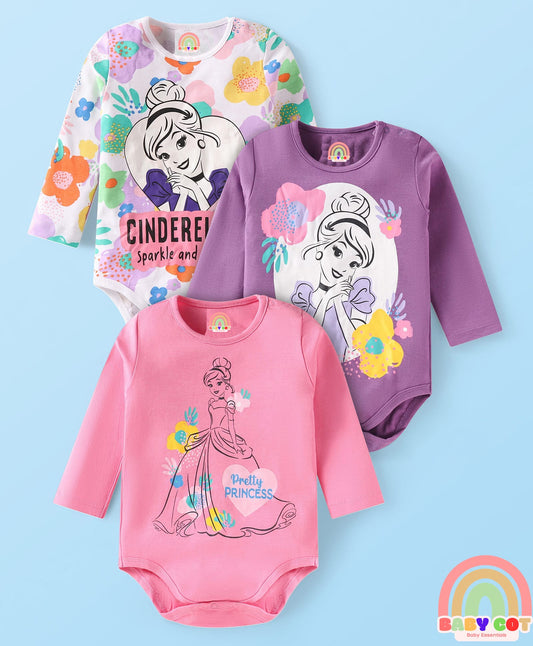 Interlock Knit Full Sleeves Onesies with Disney Princess Graphics Pack of 3- White Pink & Purple