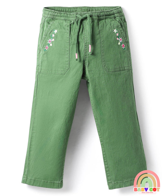 Twill Woven Full Length Trouser with Stretch & Floral Embroidery - Green