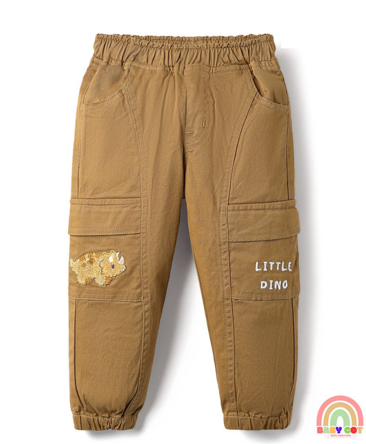Twill Lycra Woven Full Length Trousers with Little Dino Embroidery - Brown