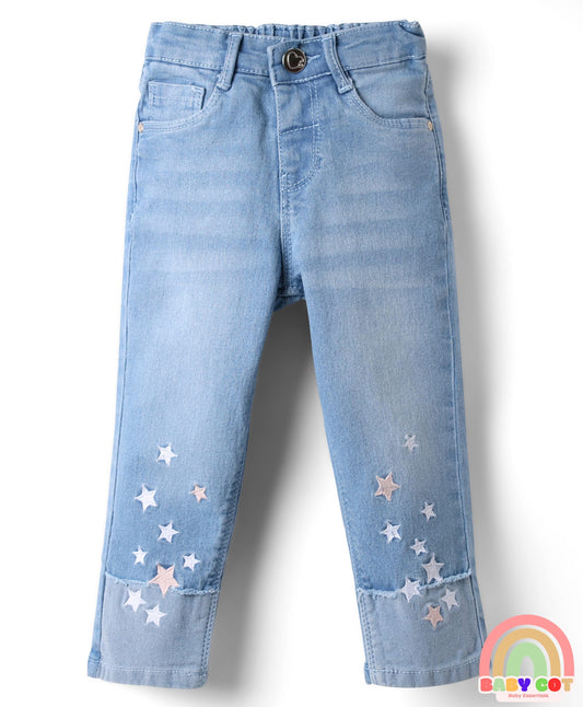 Full Length Washed Denim Jeans with Stretch & Star Embroidery - Light Blue