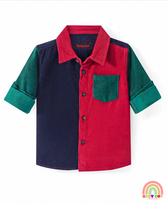 Full Sleeves Color Blocked Corduroy Shirt - Red Navy & Green