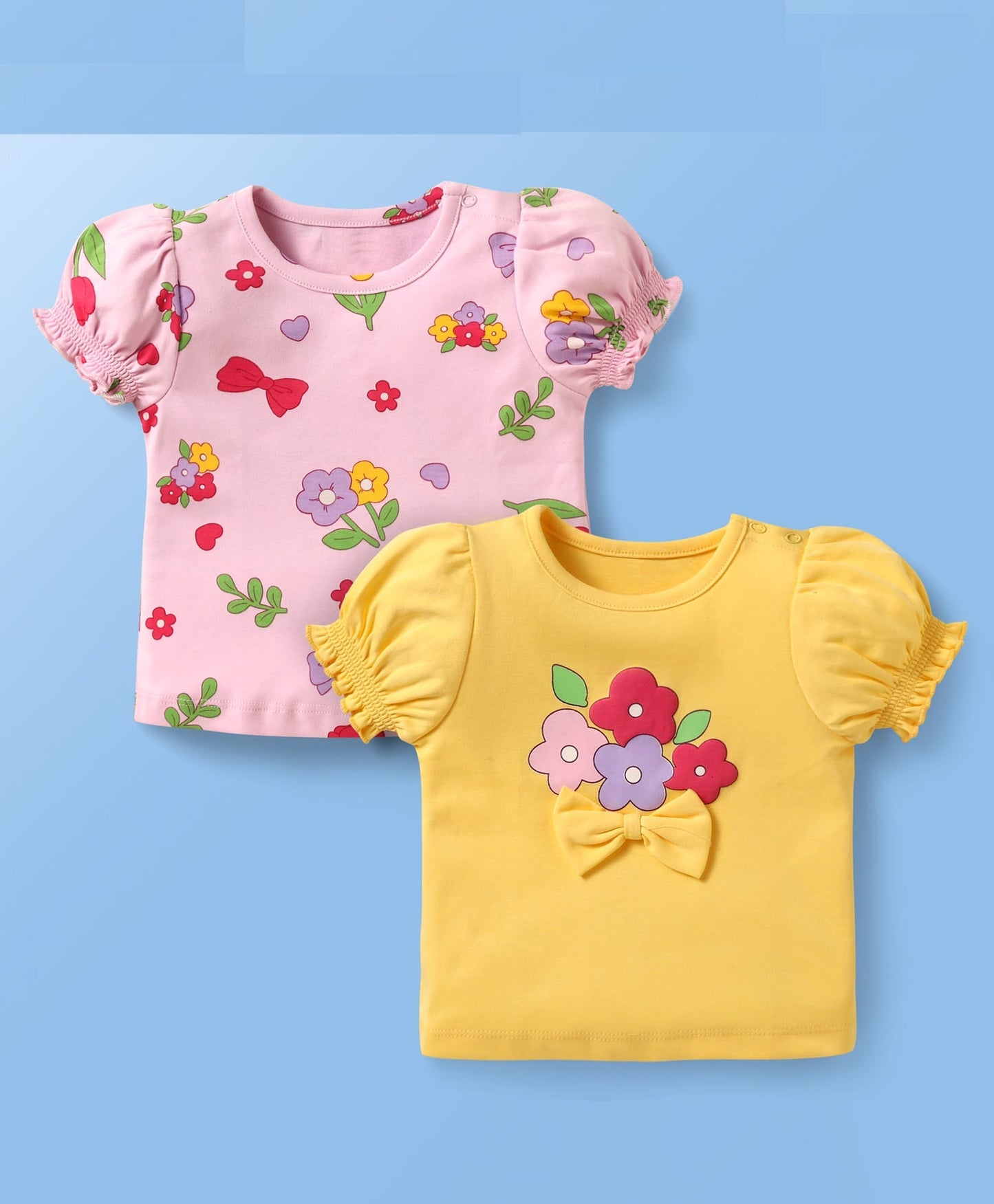 100% Cotton Knit With Eco Jiva Finish Half Puffed Sleeves T-Shirts with Floral Print & Bow Applique Pack of 2 - Yellow & Pink