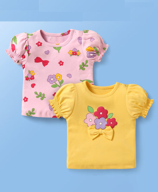 100% Cotton Knit With Eco Jiva Finish Half Puffed Sleeves T-Shirts with Floral Print & Bow Applique Pack of 2 - Yellow & Pink